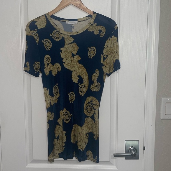 Versace Jeans Couture Navy Blue Gold Chromo Couture T-Shirt Semi Sheer Long Sm - Picture 6 of 11
